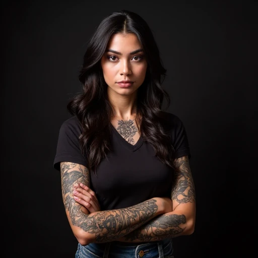 Artista de tatuagem Bia com cabelos coloridos e estilo alternativo